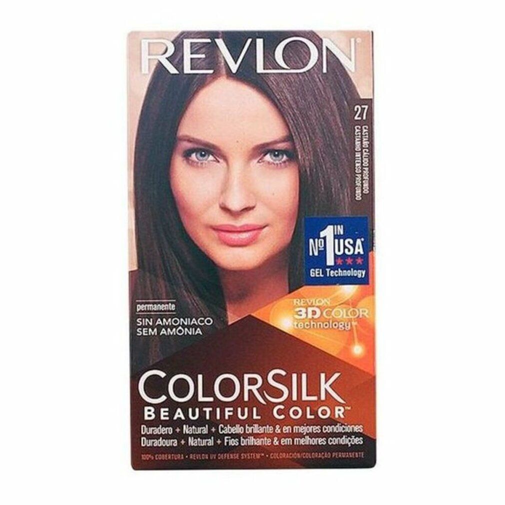 Confezione di tinta per capelli Revlon Colorsilk 27. Donna con capelli castani sulla confezione. Testo: Senza ammoniaca, 3D Color Technology.