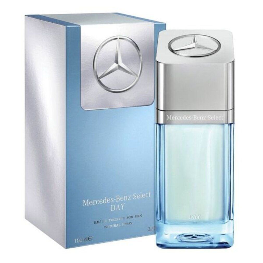 Eau de toilette azzurra con tappo argentato e confezione azzurra. Sulla confezione è scritto Mercedes-Benz Select Day.