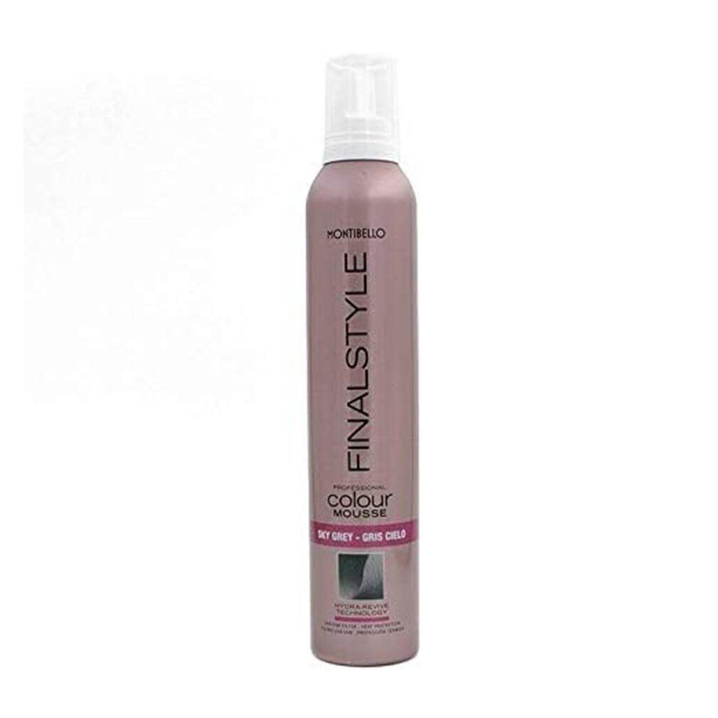Montibel-Lo Finalstyle Schiuma Intensificante Colore. Flacone rosa, erogatore bianco. Scritte: FINALSTYLE, COLOUR MOUSSE, SKY GREY - GRIS CIELO.