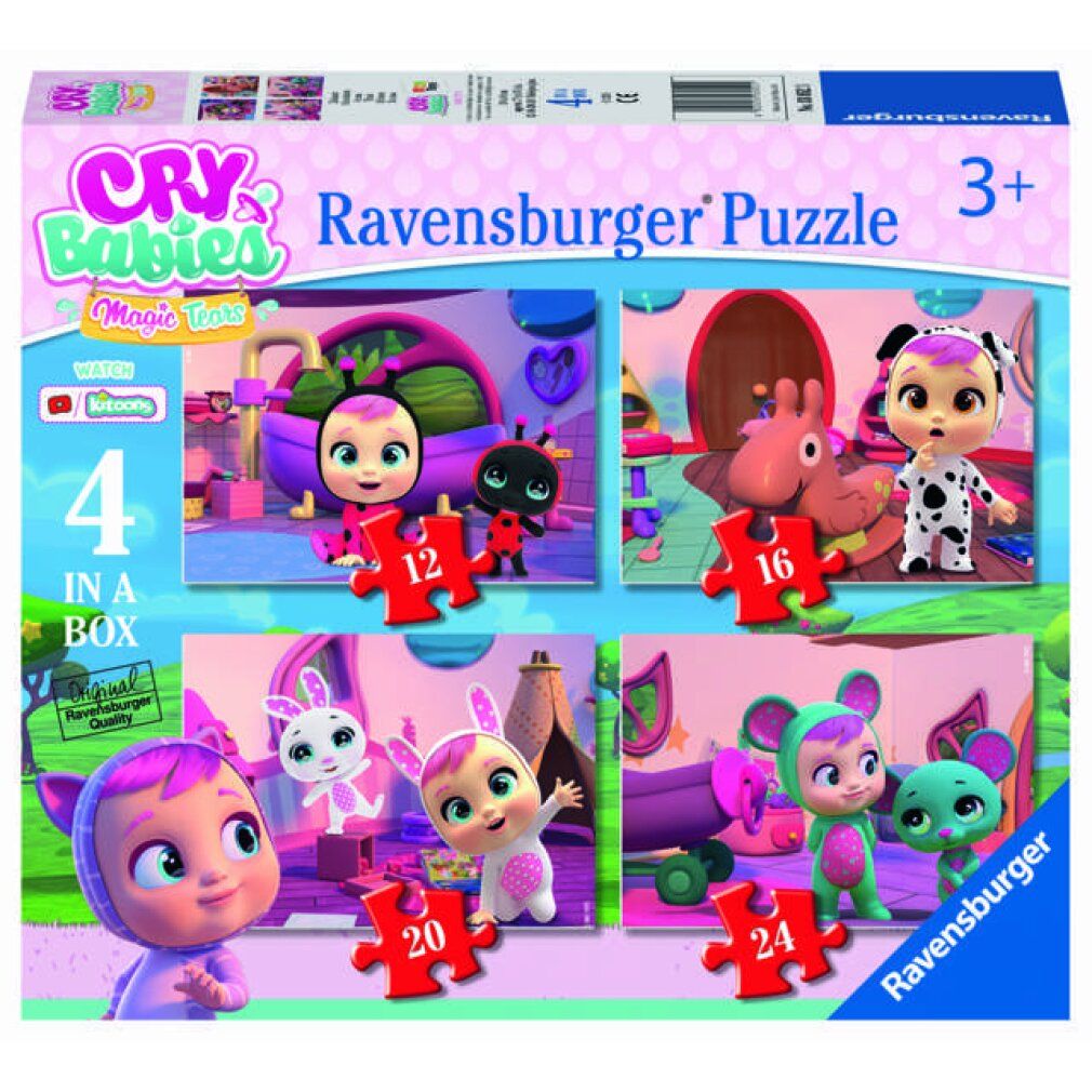 Scatola puzzle con quattro puzzle. Ogni puzzle mostra una scena con personaggi Cry Babies. Logo Ravensburger e testo 4 in 1.