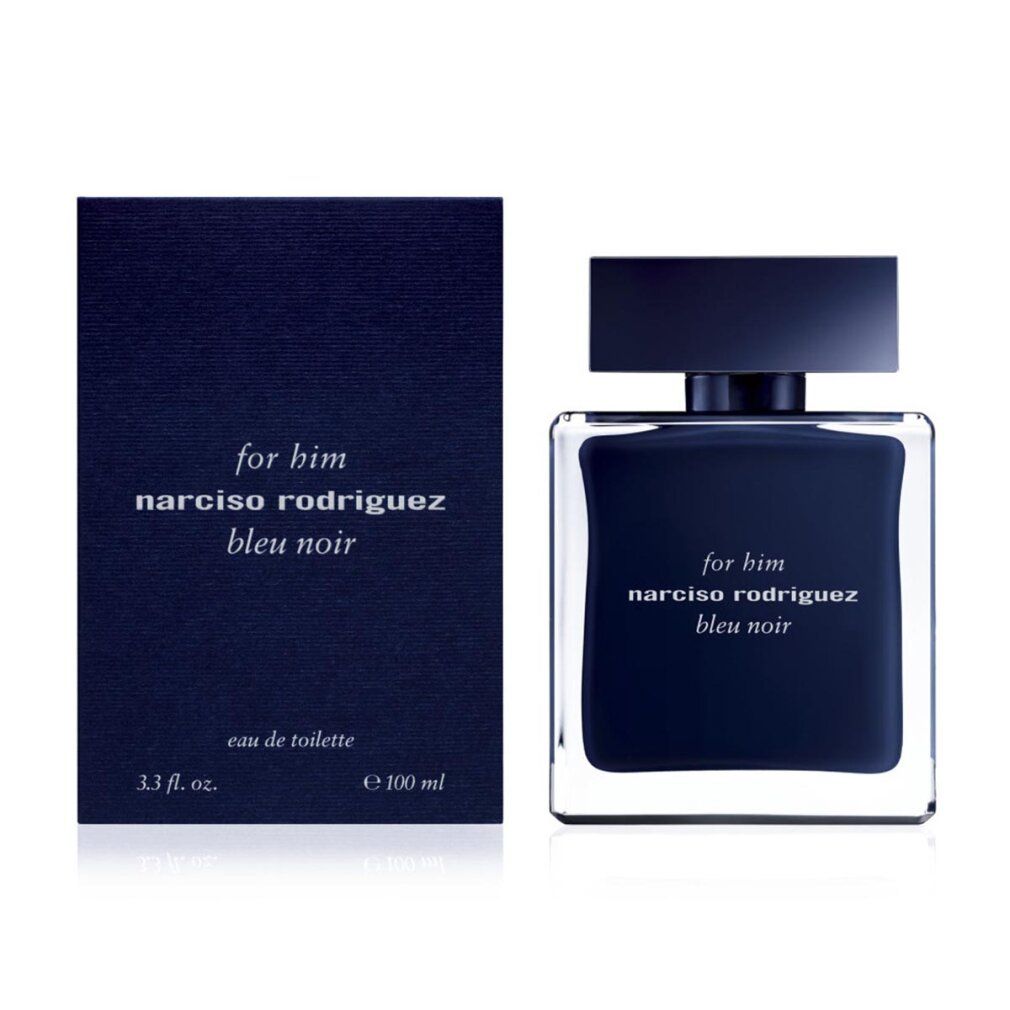 Scatola e flacone blu scuro. Scritta: For Him, Narciso Rodriguez, Bleu Noir. Eau de toilette.