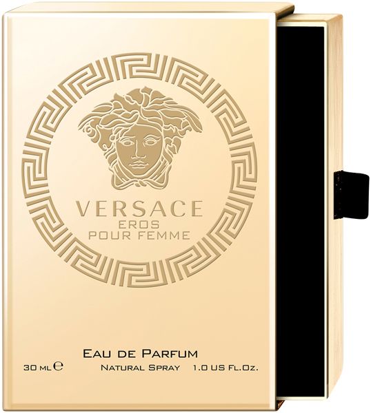 Confezione dorata con motivo flacone e scritta: Versace Eros Pour Femme Eau de Parfum. 30 ml.