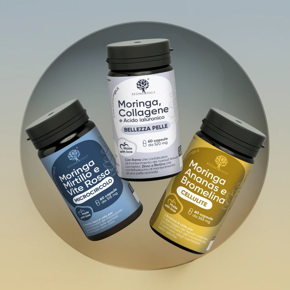 Tre flaconi di capsule. Testo: Moringa, Microcircolo, Collagene. Scritta: 60 capsule. Su sfondo circolare.