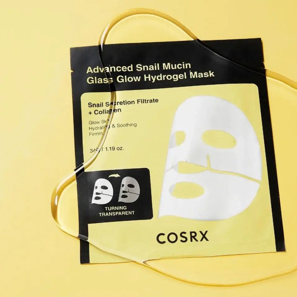 Confezione della maschera idrogel Advanced Snail Mucin Glass Glow con logo COSRX e siero.