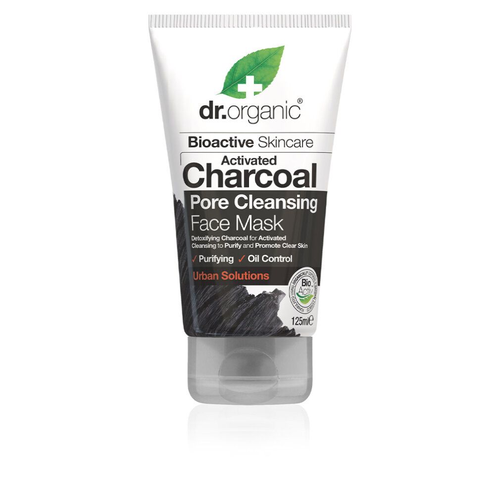 Tubo di maschera viso al carbone Dr. Organic. Tubo bianco con testo nero. Contiene carbone attivo. Certificazione bio.