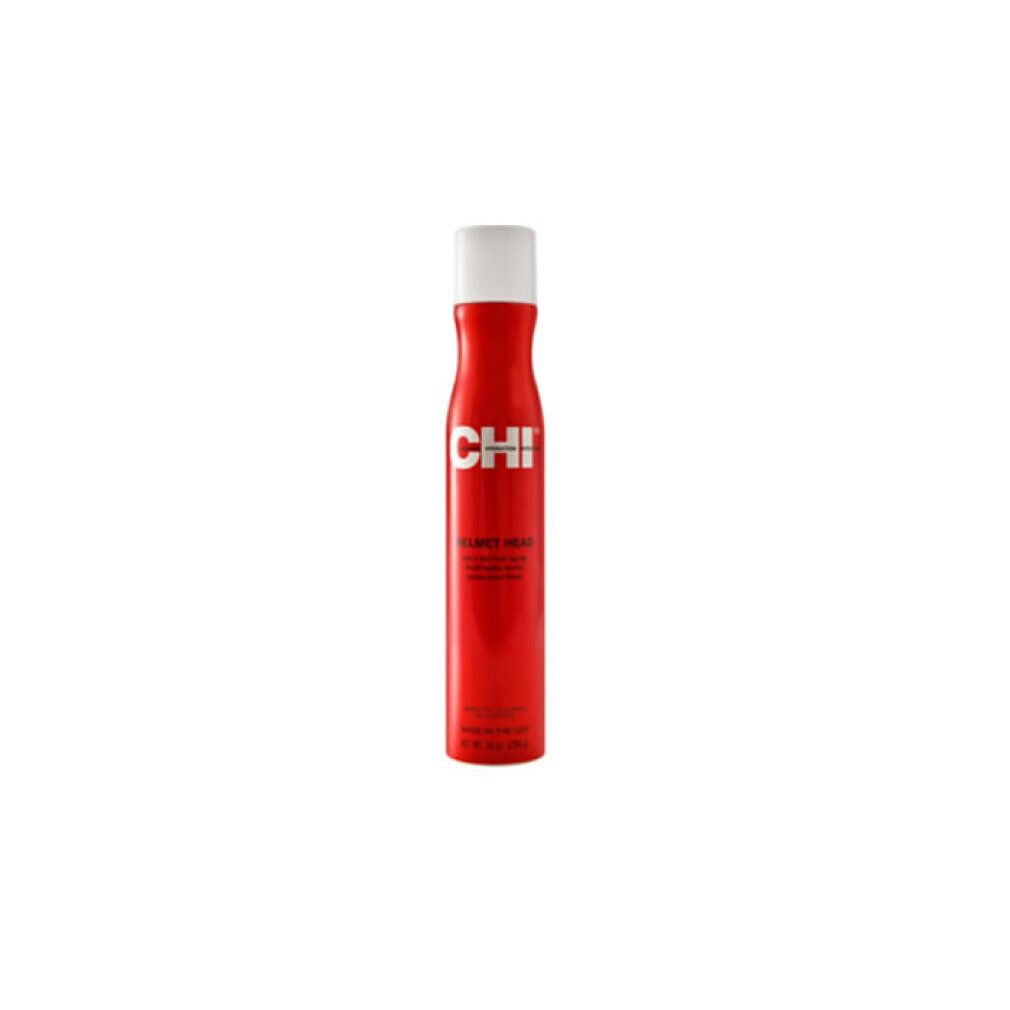 Flacone spray rosso con tappo bianco. Scritta CHI e HELMET HEAD. Testo: Extra-forte. Prodotto negli Stati Uniti.