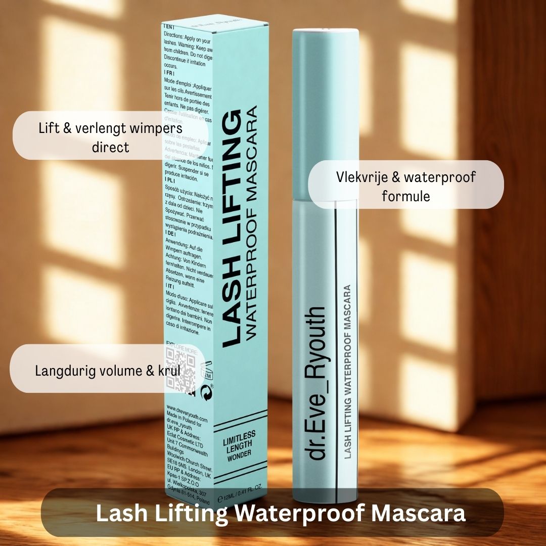 Confezione e flacone di mascara. Testo: 'Lash Lifting Waterproof Mascara', 'Limitless Length Wonder'.