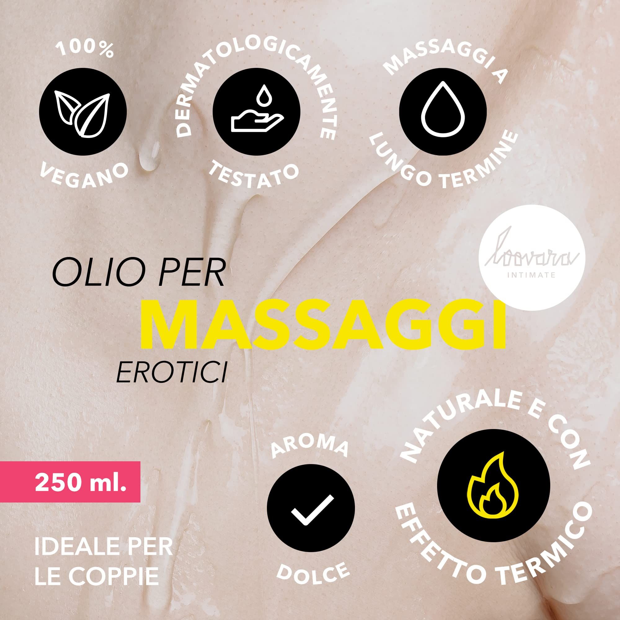 Olio da massaggio giallo con scritta 'Olio per Massaggi Erotici'. 250 ml. Vegano, dermatologicamente testato.