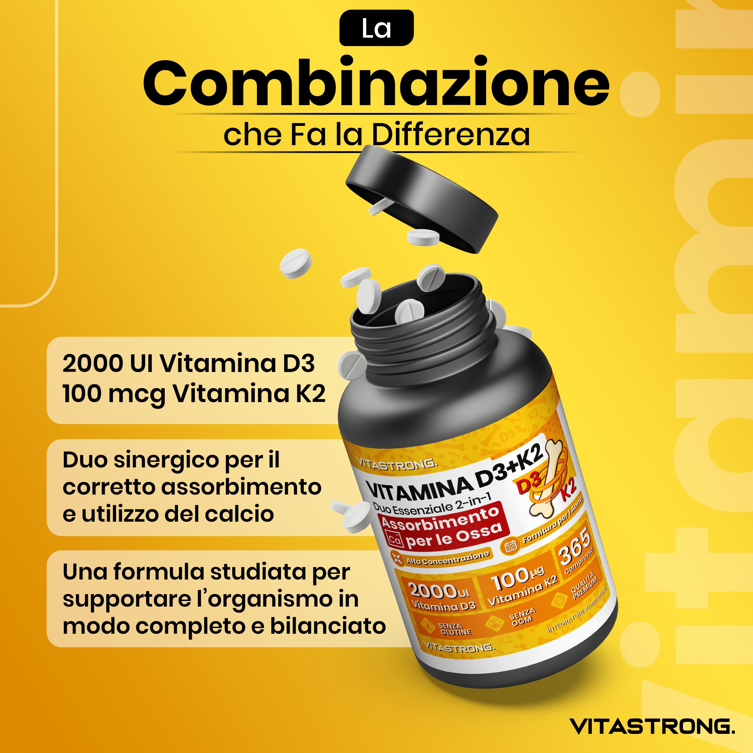 Sfondo giallo con flacone Vitastrong Vitamina D3 + K2. Compresse che cadono dal flacone. Testo: 2000 UI D3, 100 µg K2.