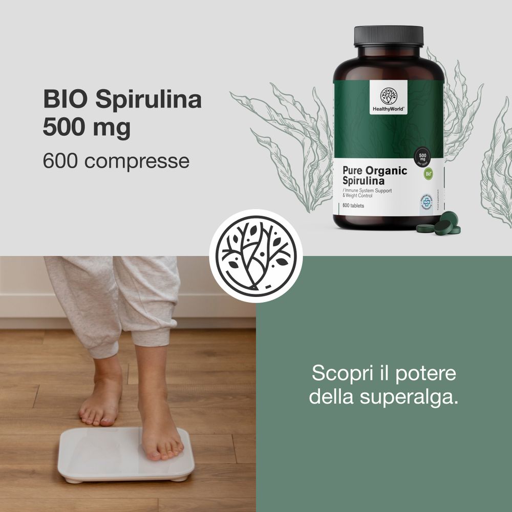 Persona sulla bilancia vicino al flacone di spirulina. Scritta: BIO Spirulina 500 mg, 600 compresse. Scopri il potere della superalga. Logo HealthyWorld.