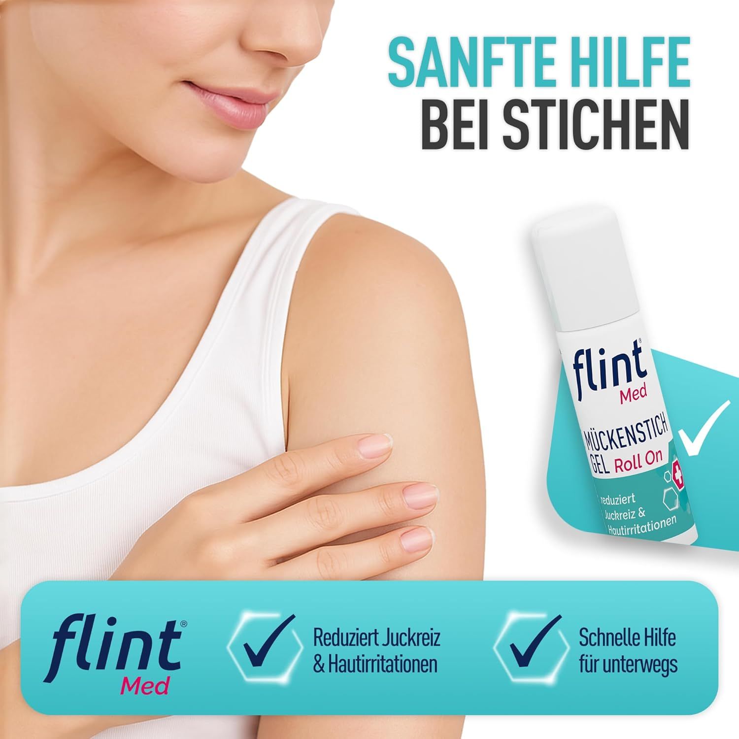 Braccio di una persona con flint Mückenstich Gel Roll On. Il prodotto viene applicato sulla pelle. Testo: Aiuto delicato per le punture.