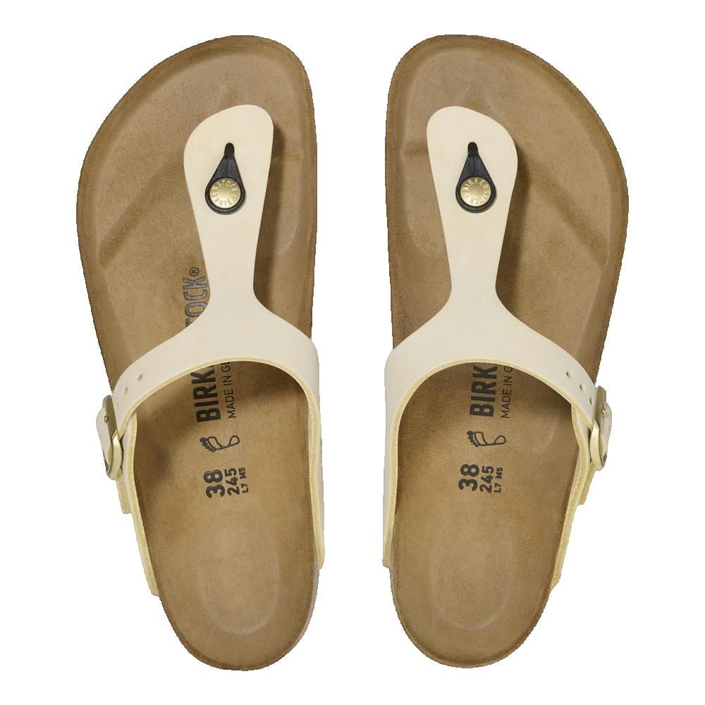 Sandali Birkenstock Gizeh, vista dall'alto, tomaia color crema, plantare in sughero, taglia 38.