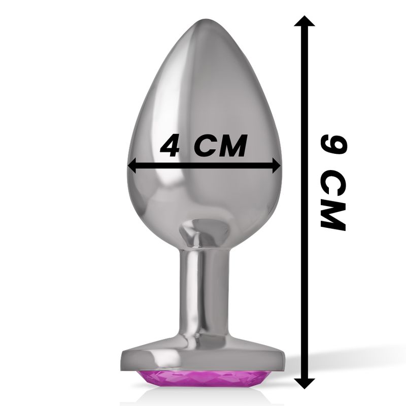 Plug anale in metallo con cristallo rosa, vista laterale.