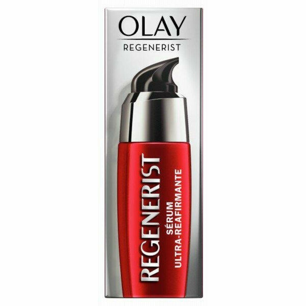 Flacone di siero rosso con pompa argentata. Logo Olay Regenerist e testo. Confezione sullo sfondo.