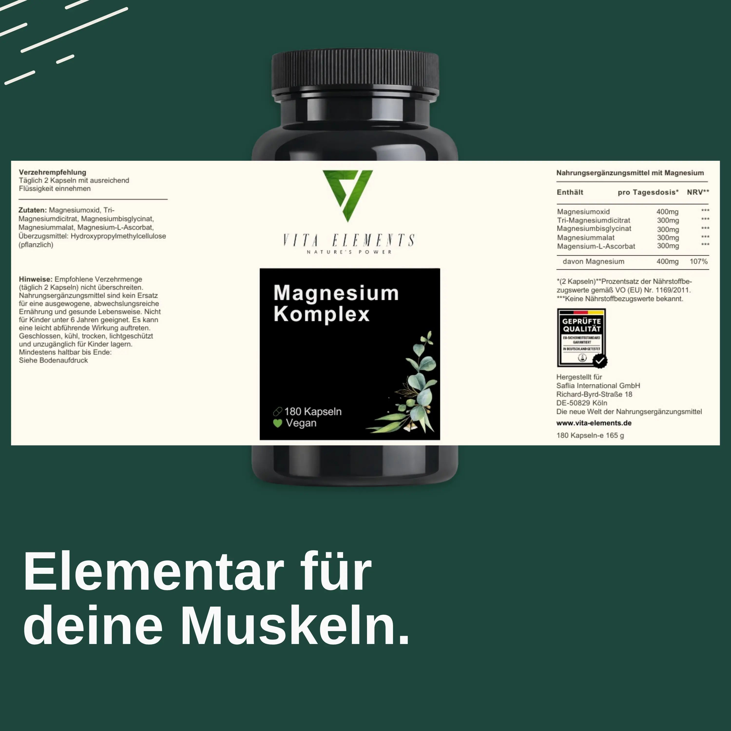 Flacone di capsule Vita Elements Magnesium Komplex, 180 capsule, Vegano. Con simboli: Testato in laboratorio, senza additivi, senza OGM, Vegano.