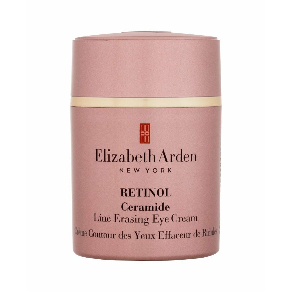 Vaso cosmetico rosa con anello dorato. Testo: Elizabeth Arden, Retinol Ceramide Line Erasing Eye Cream. Nome del prodotto e logo.