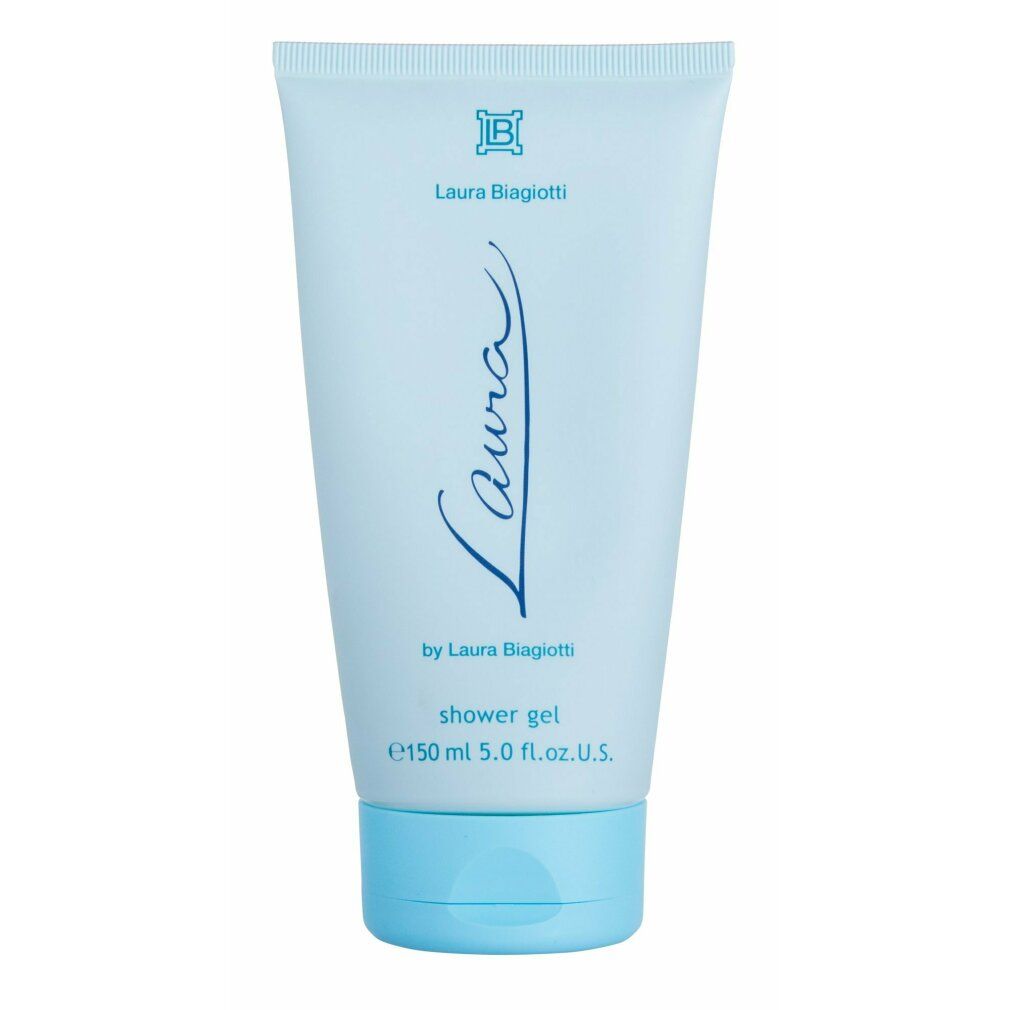 Tubo azzurro con scritta "Laura Biagiotti" e "Laura". "Shower Gel" e indicazione volume. Tappo a vite blu.