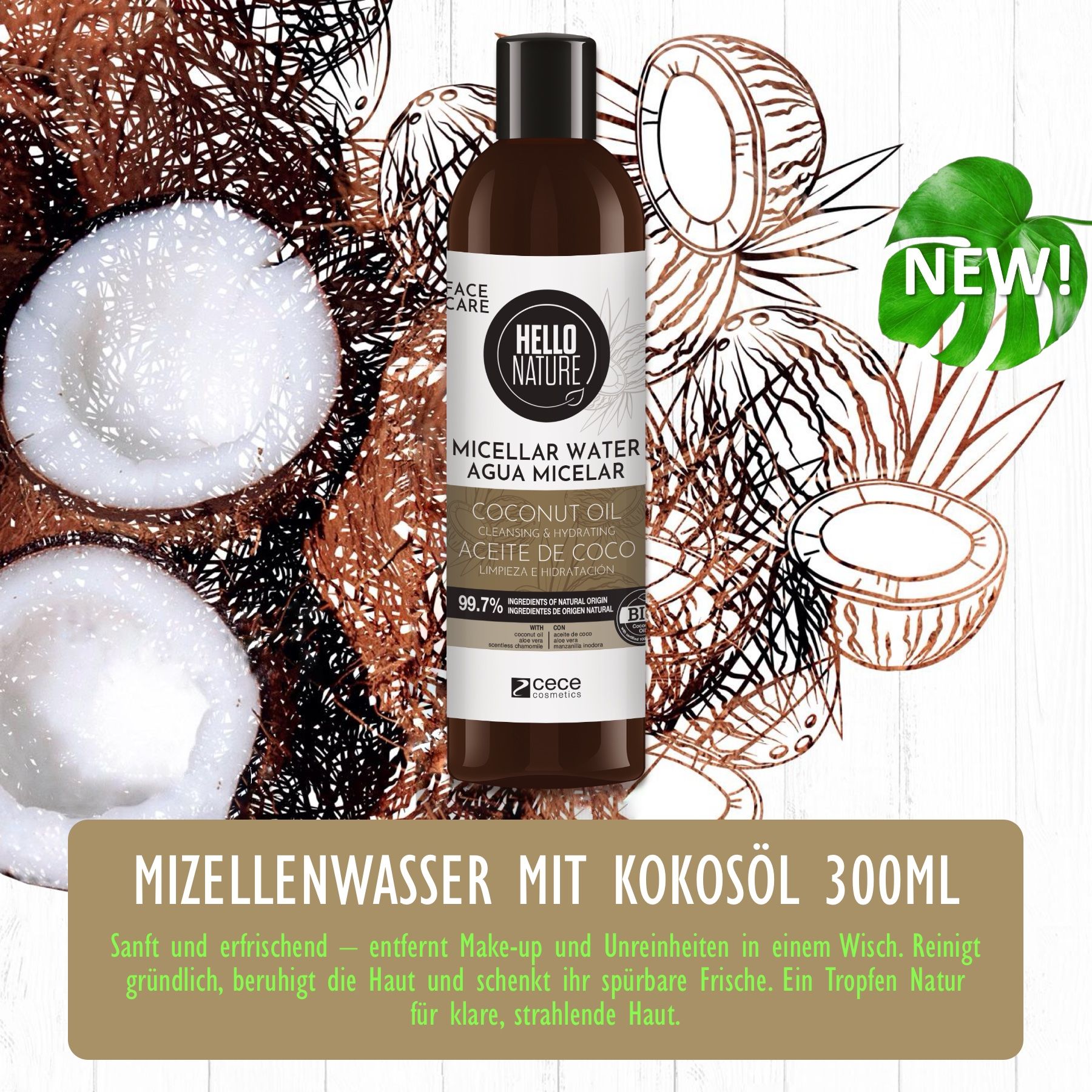 Flacone di acqua micellare all'olio di cocco. Logo Hello Nature. Testo: Agua Micelar. Olio di cocco. 99,7%.