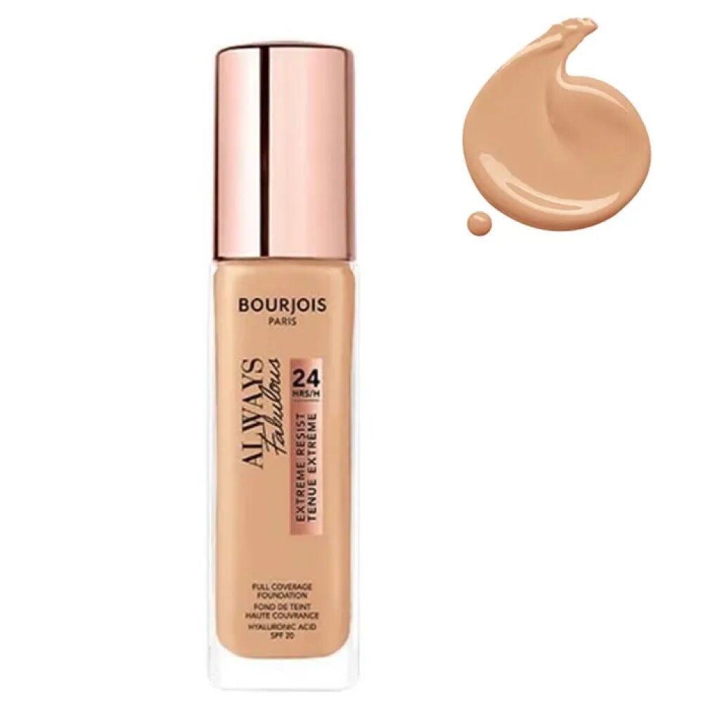 Fondotinta Bourjois Always Fabulous. Flacone con liquido beige chiaro e tappo oro rosa. Campione di colore. Testo: Always Fabulous, 24H, SPF 20.