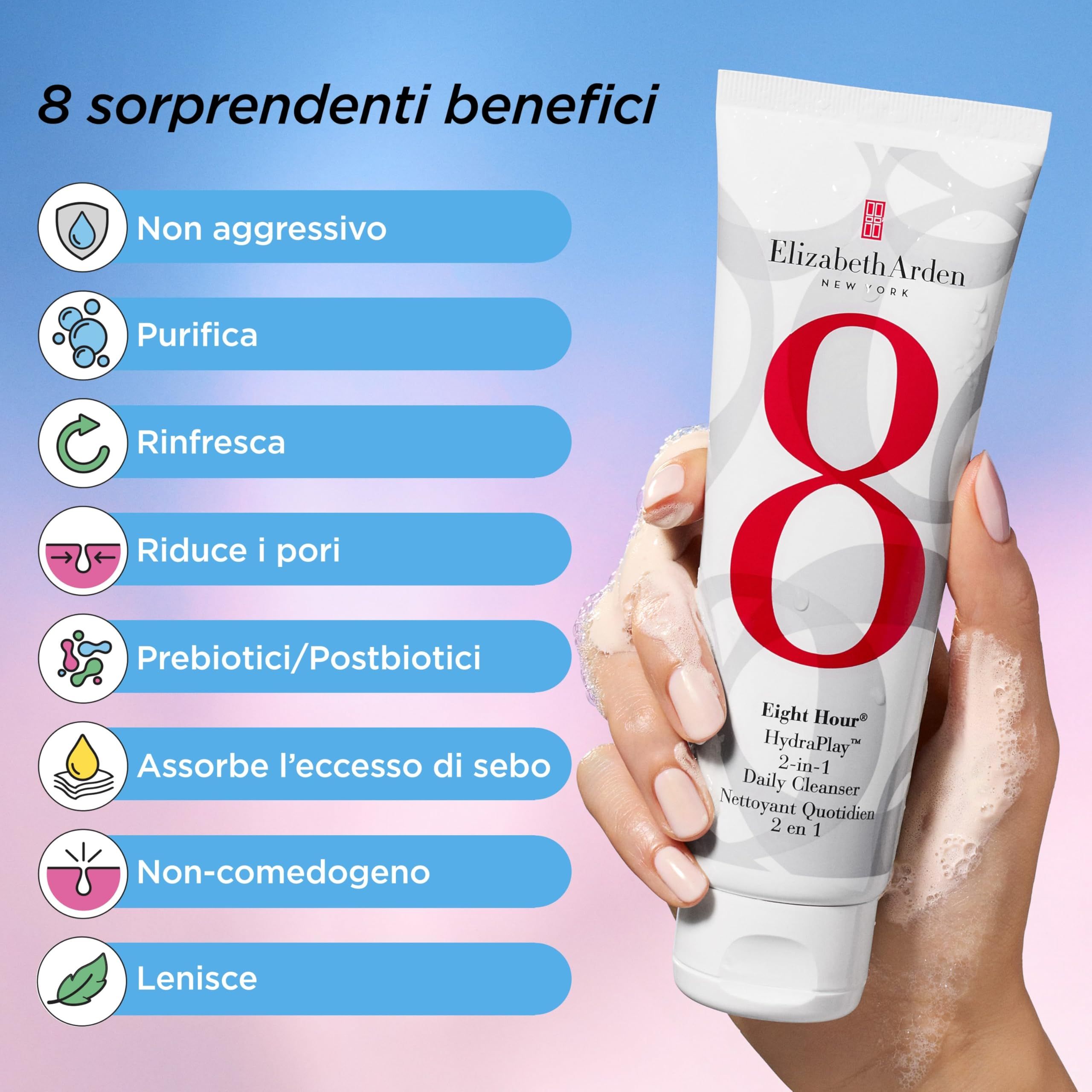 Mano che tiene un tubo. Testo: Eight Hour HydraPlay 2-in-1 Daily Cleanser. 8 benefici. Marchio: Elizabeth Arden.