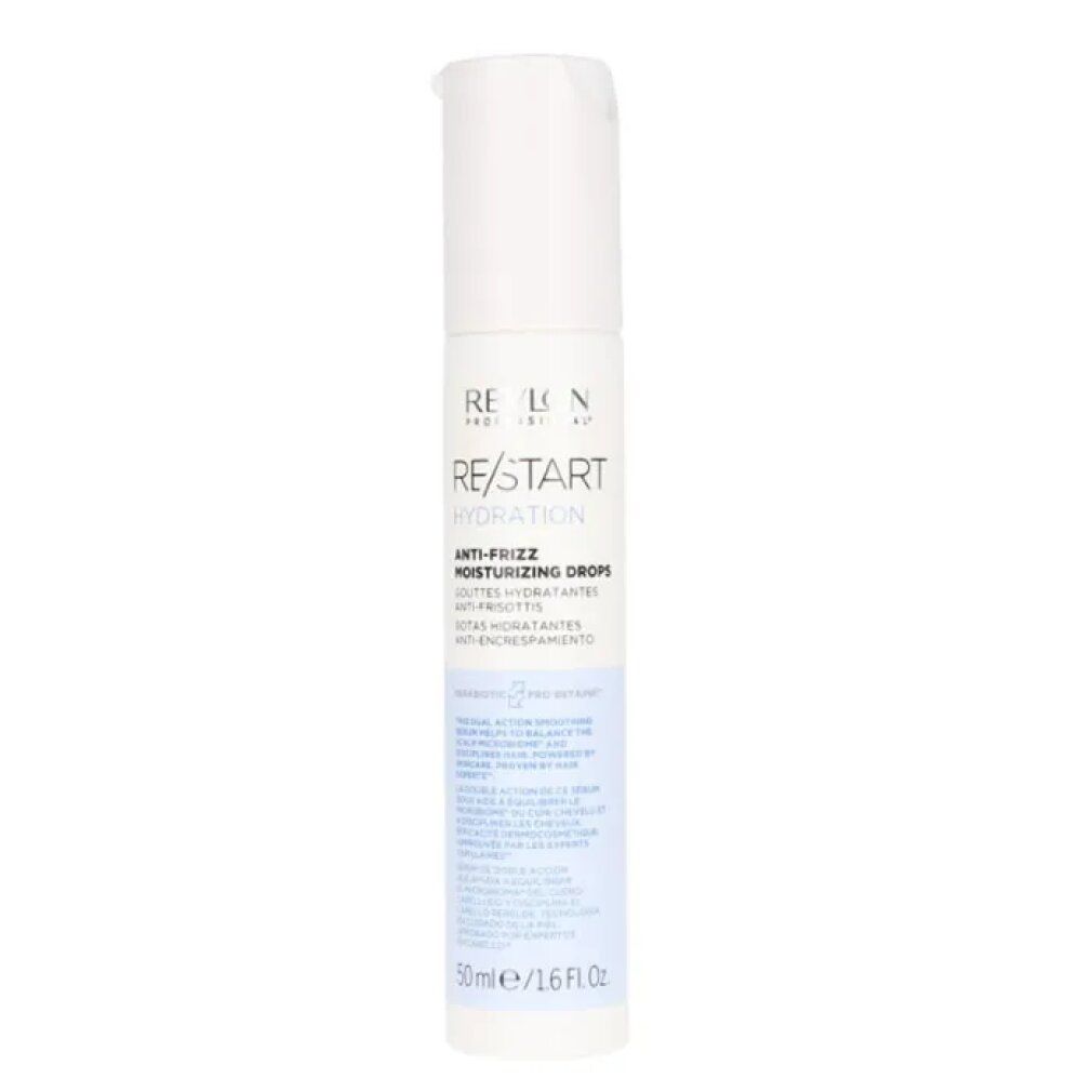 Flacone bianco con etichetta. Testo: RE/START Hydration Anti-Frizz Moisturizing Drops. 50ml/1.6 fl oz.