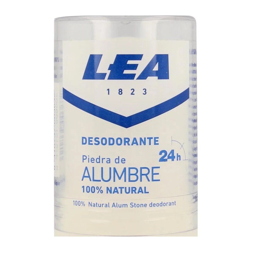 Stick deodorante Lea Alum Stone. Stick bianco in custodia trasparente. Scritta: DESODORANTE PIEDRA DE ALUMBRE 100% NATURAL.