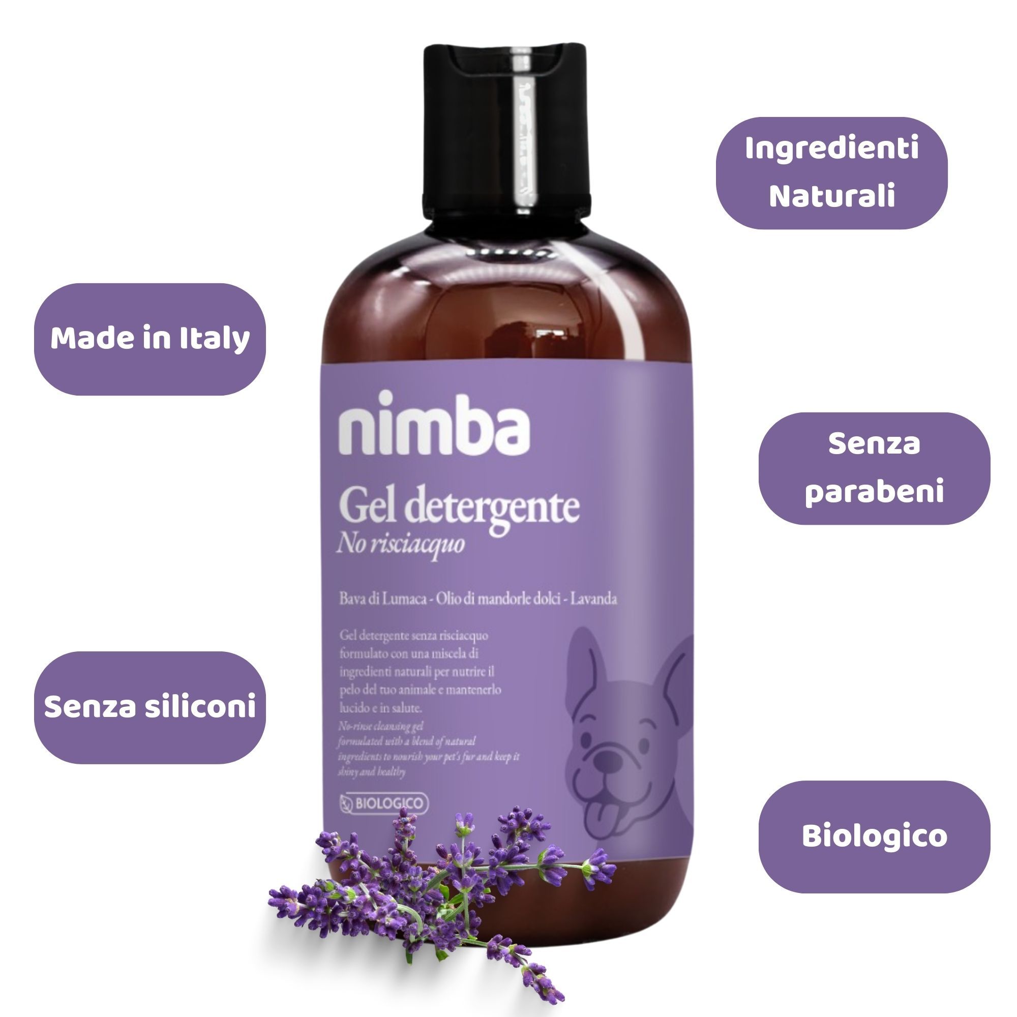 Flacone Nimba Gel detergente, etichetta viola, scritte: Senza siliconi, Senza parabeni, Biologico, Made in Italy, Ingredienti.