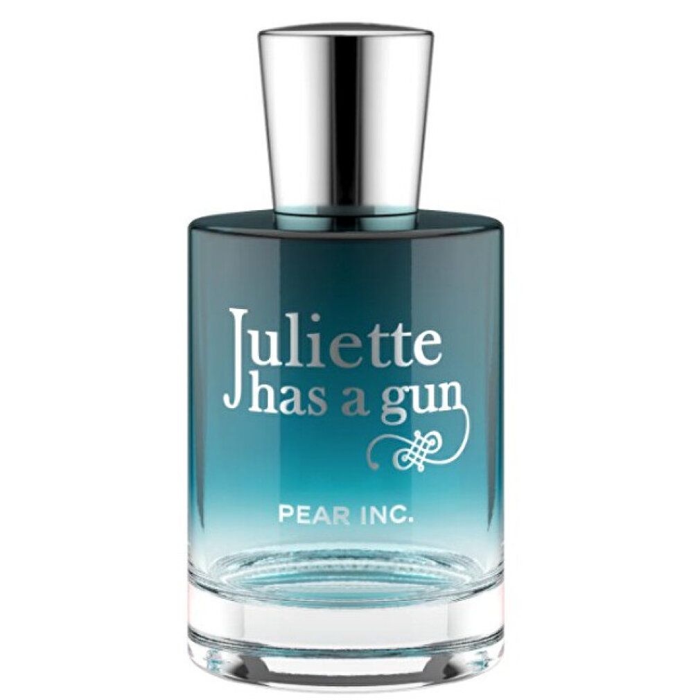 Flacone in vetro con tappo argentato. Scritta: Juliette has a gun, PEAR INC. Sfumatura da blu a trasparente.