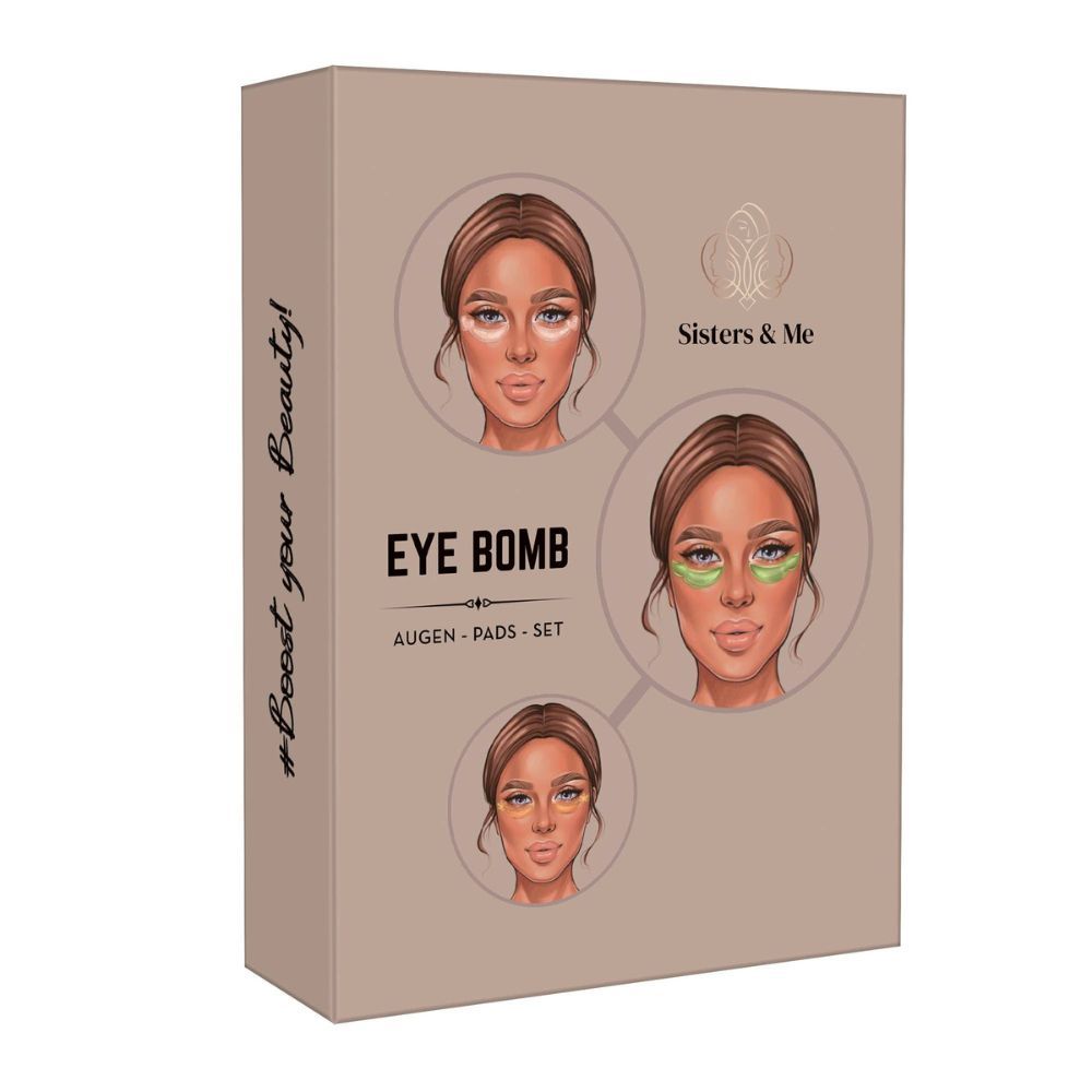 Confezione in cartone con illustrazione di patch per occhi. Scritta: EYE BOMB, set di cuscinetti per occhi. Logo: Sisters & Me.
