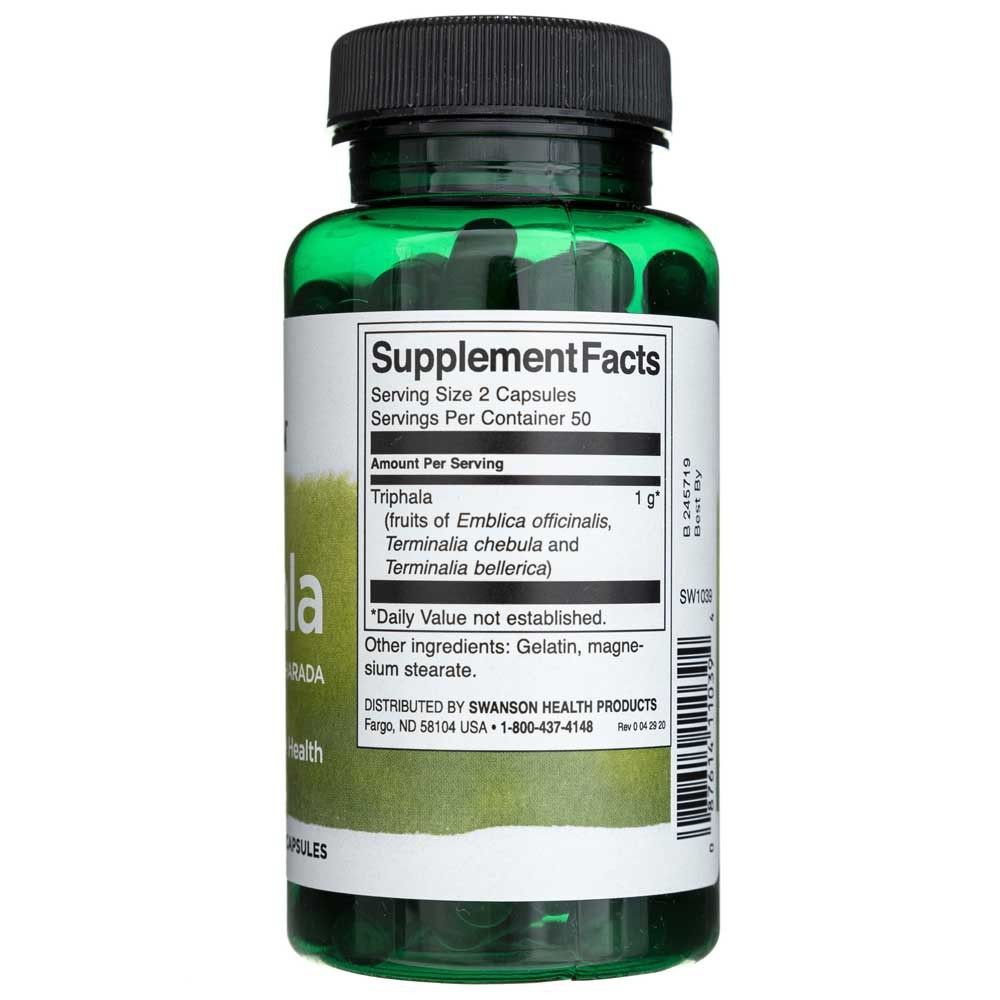 Retro di un barattolo SWANSON Triphala con informazioni nutrizionali e ingredienti.