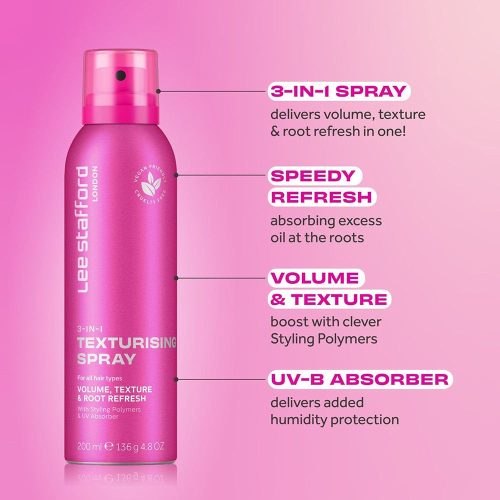 Lee Stafford 3-in-1 Texturising Spray: Volume, Texture, Root Refresh, Assorbitore UV-B.