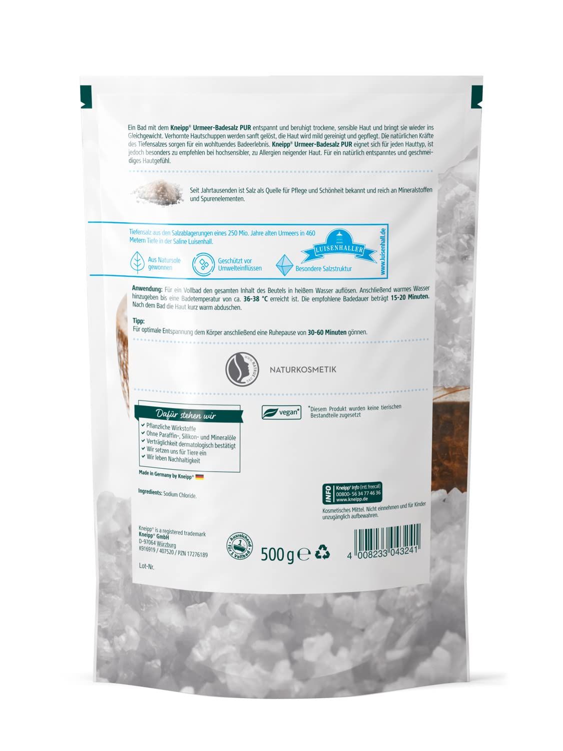 Retro della confezione Kneipp Urmeer-Badesalz Pur. Testo: Utilizzo, ingredienti, sigillo vegano, 500g. Con certificazioni.