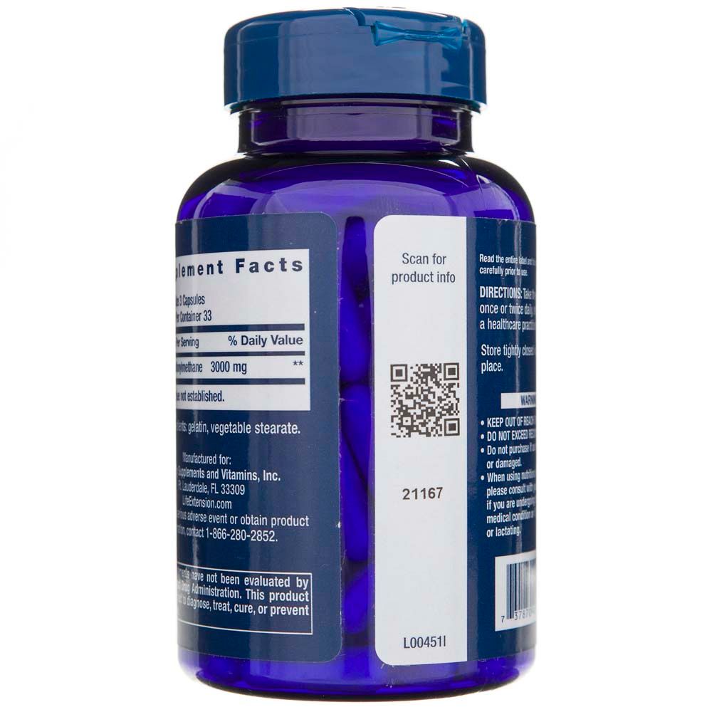 Lato della bottiglia Life Extension MSM 1000 mg con codice QR e codice a barre per informazioni sul prodotto.