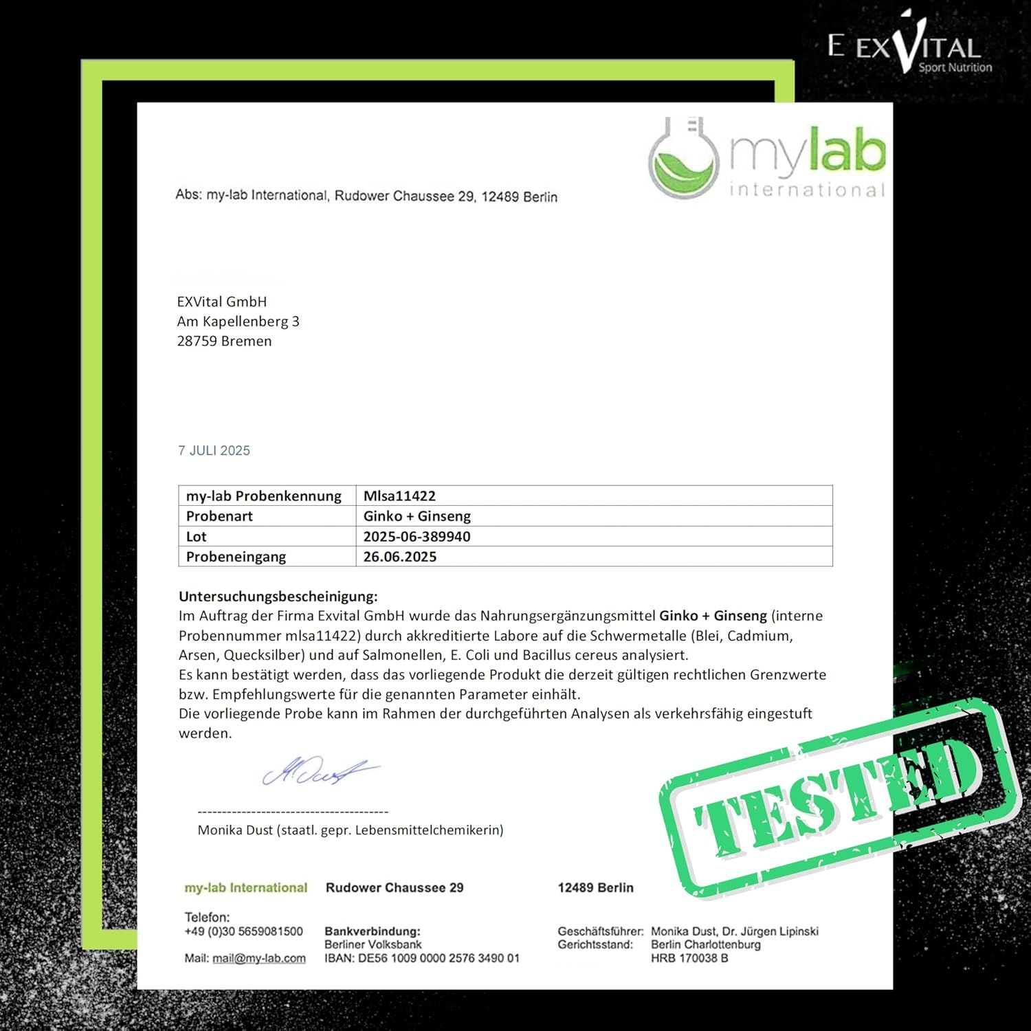 Documento di certificazione di mylab international. Testato per Ginkgo + Ginseng. Contiene informazioni su campioni, lotti e analisi.