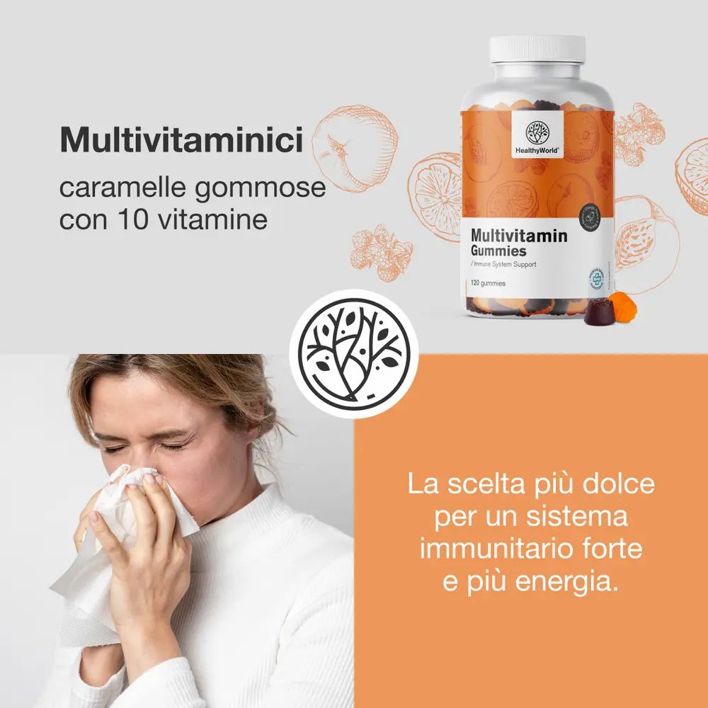Donna con fazzoletto. Flacone di caramelle gommose multivitaminiche. Testo: Multivitaminici caramelle gommose.