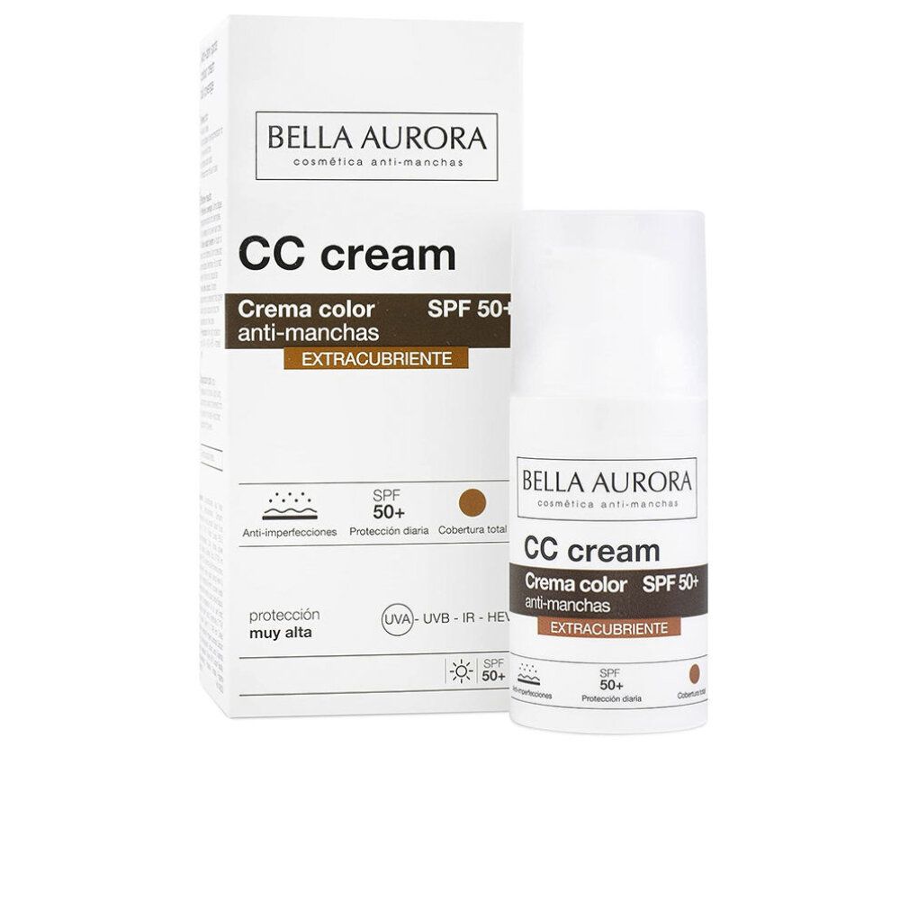 Confezione e flacone di CC cream. Marca Bella Aurora. SPF 50+. Testo marrone e bianco.
