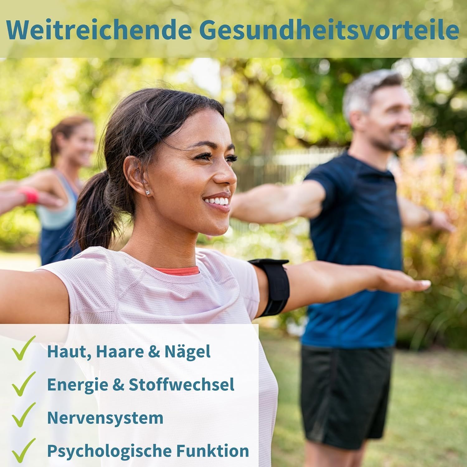 Tre persone che si allenano all'aperto. Testo: Pelle, capelli e unghie, energia e metabolismo, sistema nervoso, funzione psicologica.