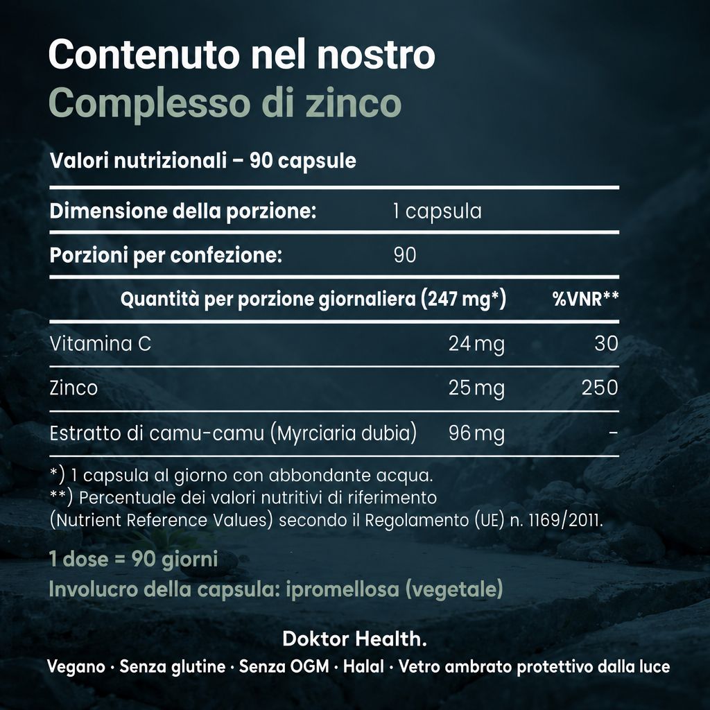 Informazioni nutrizionali Doktor Health Zink Komplex (italiano). 90 capsule. Contiene 25mg zinco, 24mg vitamina C.