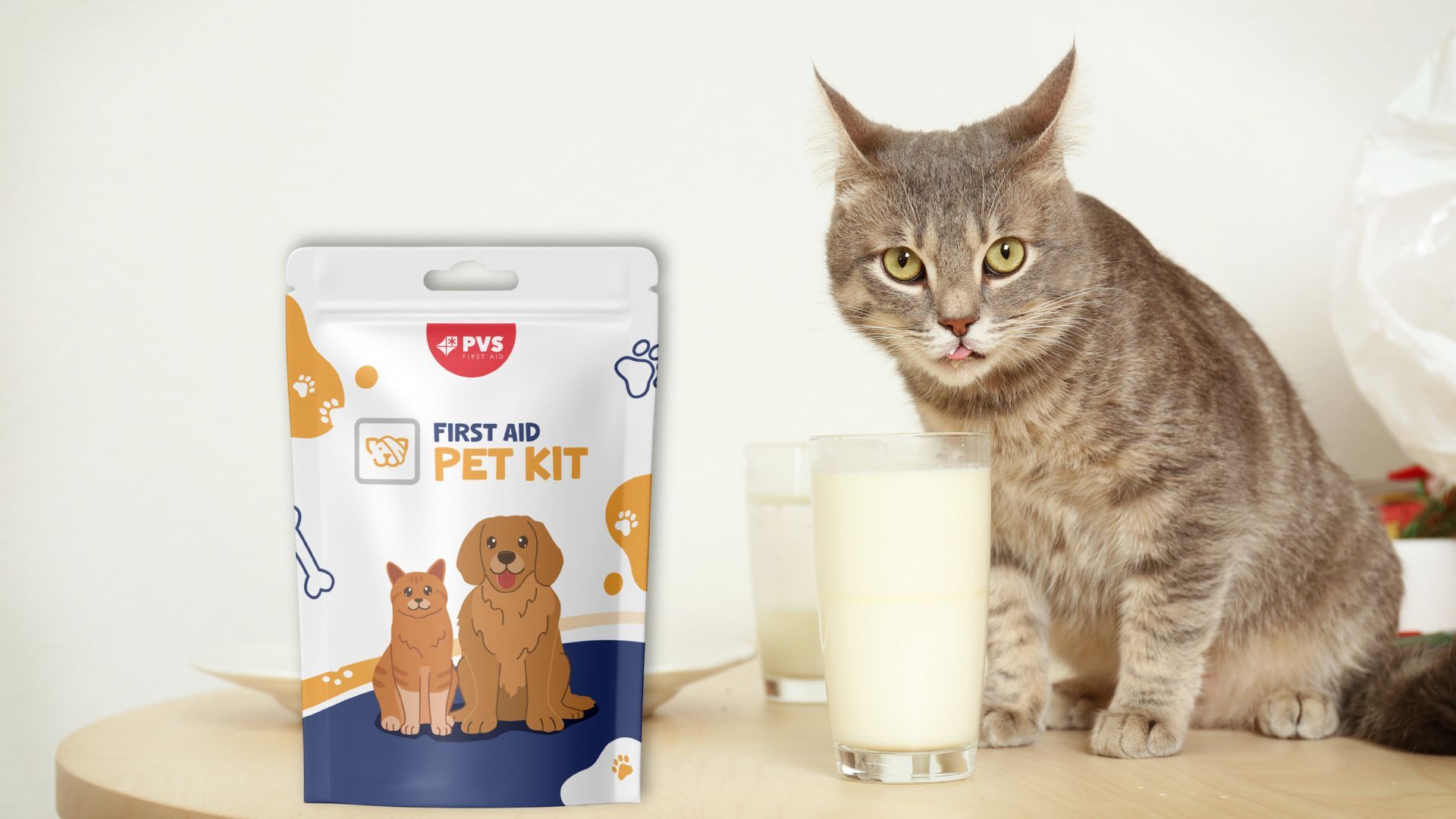 Gatto accanto a bicchieri di latte e al kit di pronto soccorso PVS per animali. Busta bianca.