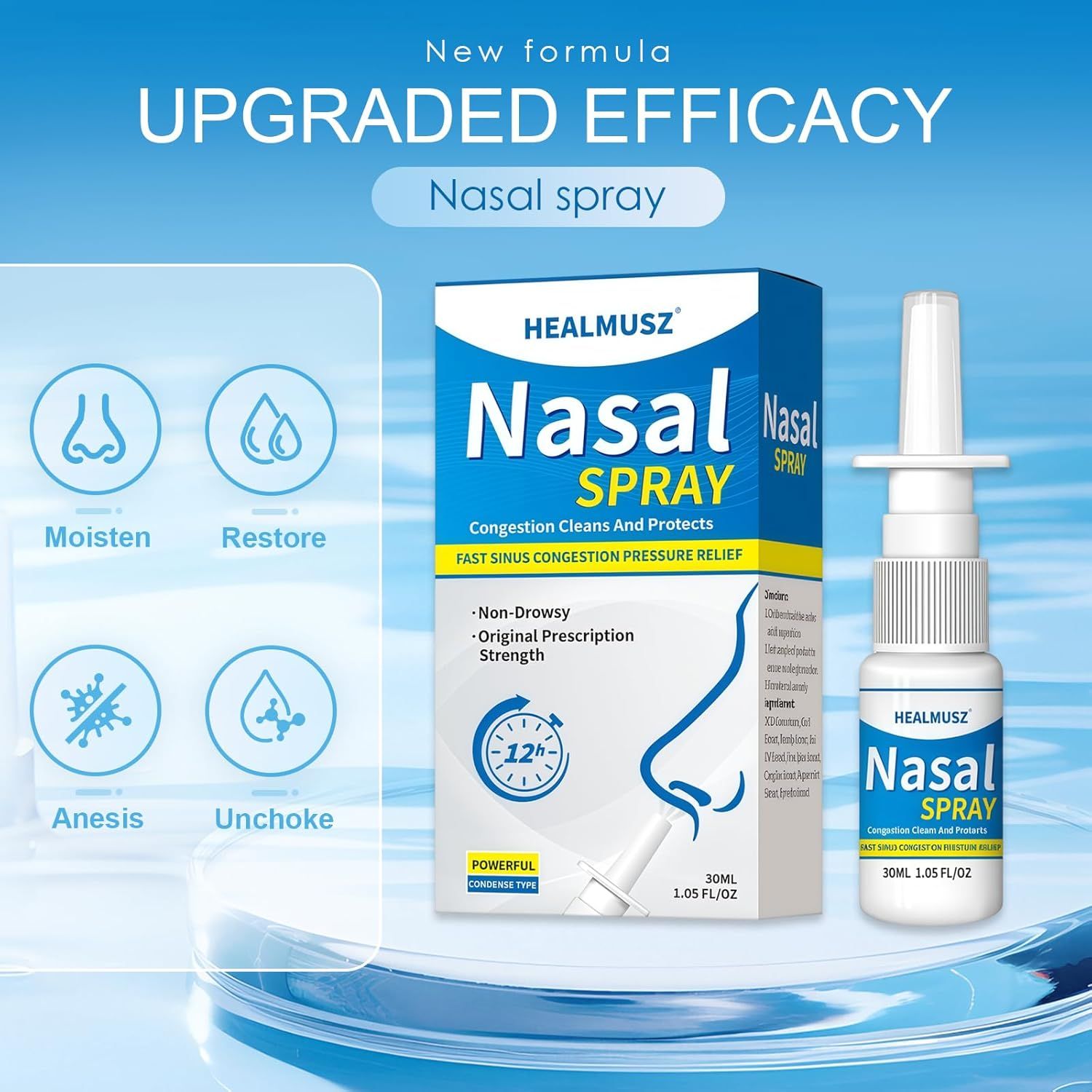 Flacone e confezione di spray nasale. Confezione blu e bianca con nome e logo del prodotto. 30 ml.