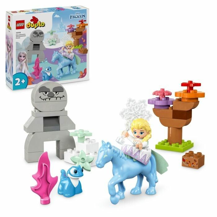 Set LEGO DUPLO con Elsa, Bruni, cavallo blu, rocce grigie, piante e altri elementi. Senza confezione.