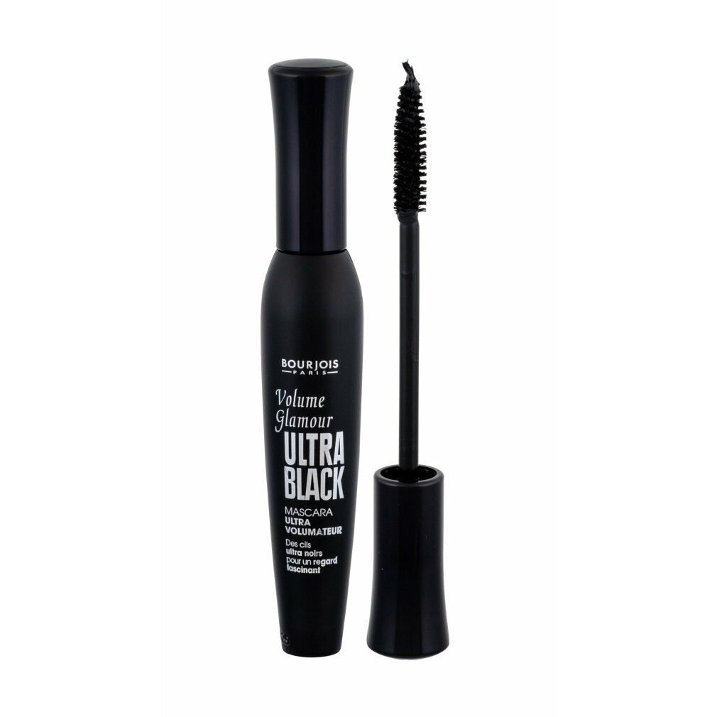 Tubo di mascara nero con spazzola. Scritta: Volume Glamour Ultra Black. Marchio: Bourjois.