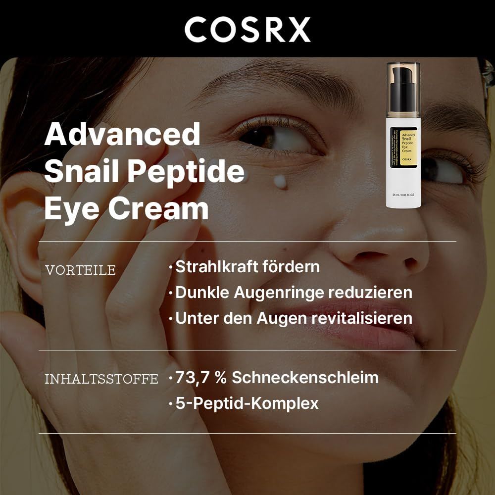 Flacone spray COSRX Advanced Snail Peptide Eye Cream con pompa nera e tappo trasparente.