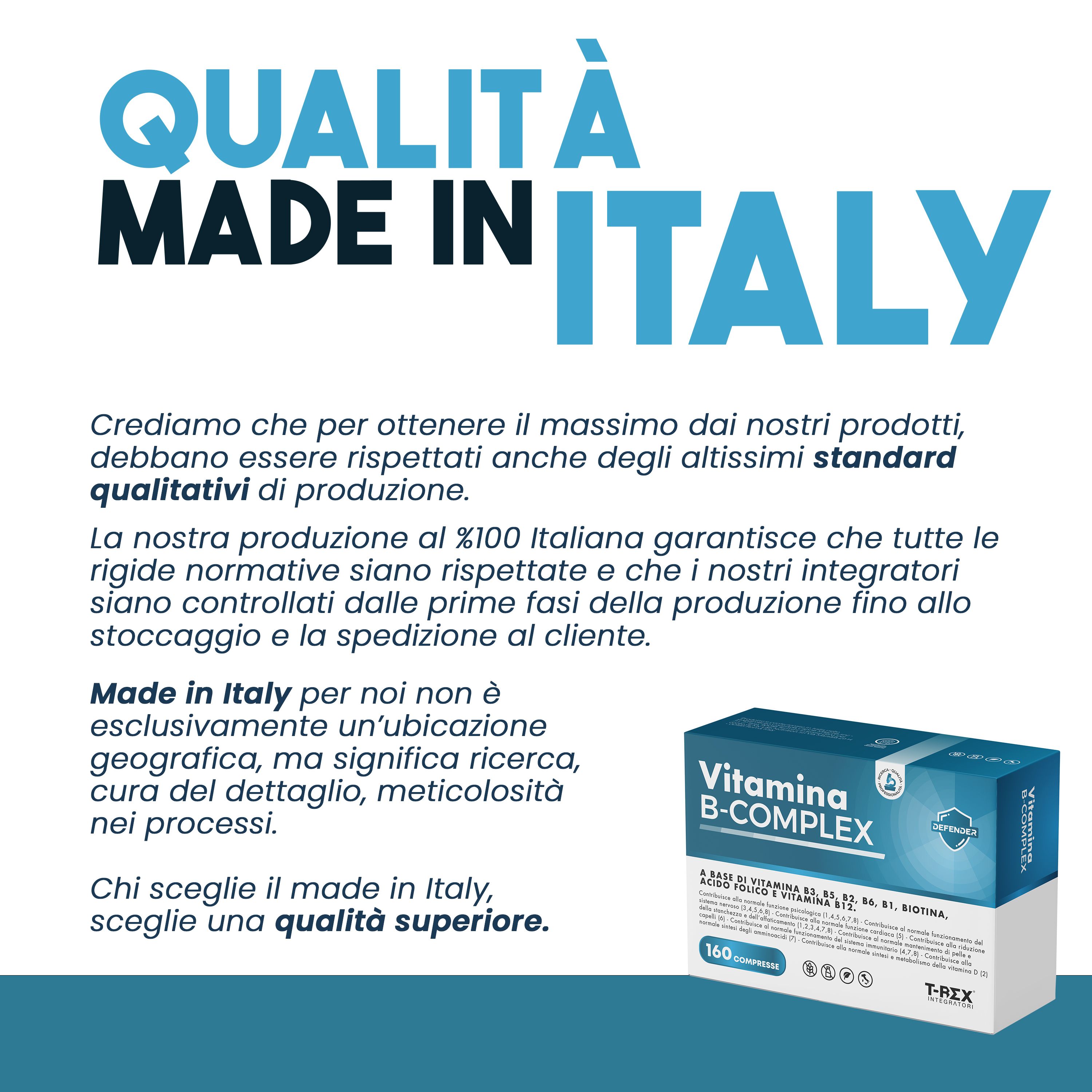 Testo: Qualità Made in Italy. Confezione di Vitamina B-Complex. 160 compresse. T-Rex Integratori.