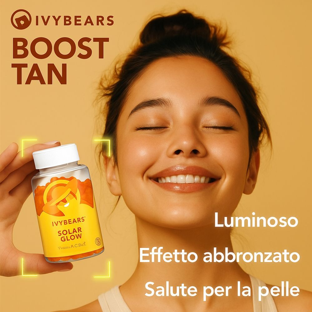 Flacone del prodotto. Testo: IVYBEARS Boost Tan. Testo: 100% vegano, 100% sviluppato e prodotto in Germania.