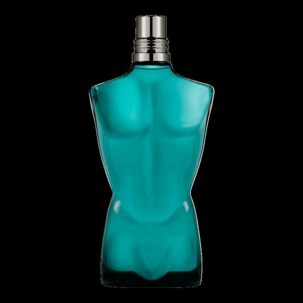 Flacone blu turchese a forma di torso maschile. Chiusura argentata. Su sfondo nero.