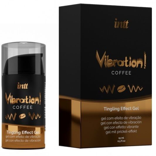 Flacone e confezione neri. Scritta: intt Vibration! Coffee. Tingling Effect Gel. 15 ml.