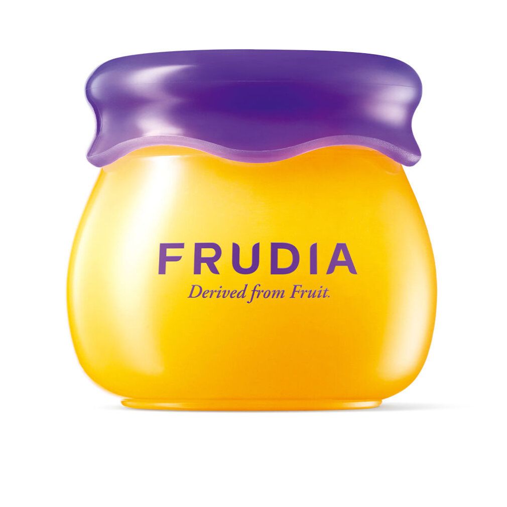 Vasetto giallo con coperchio viola. Scritta FRUDIA, con 'Derived from Fruit' sotto.