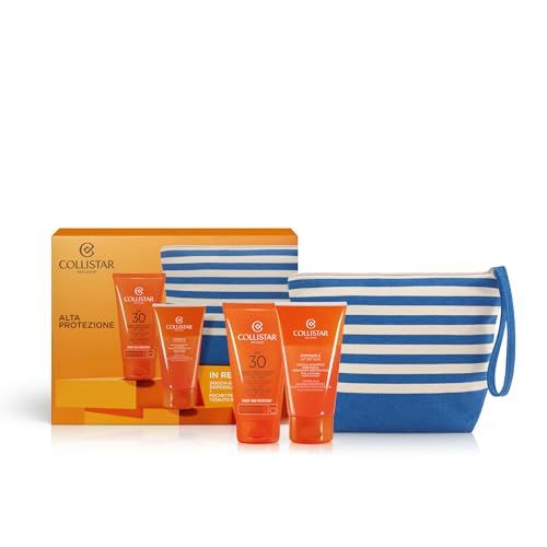 Set regalo con crema solare SPF30, doccia shampoo e pochette. Tubi arancioni, pochette a righe blu e bianco. Confezione con logo.