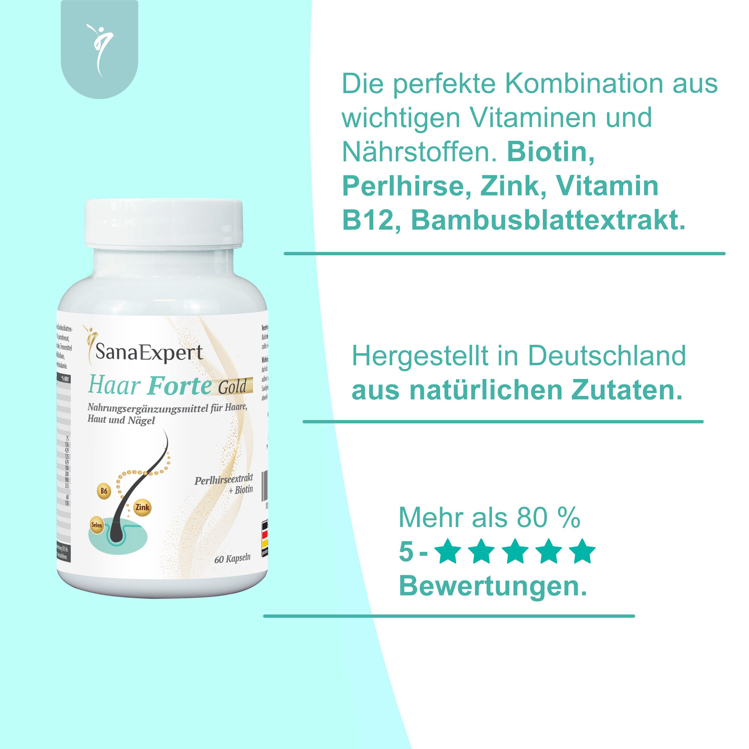 Flacone SanaExpert Haar Forte Gold con vitamine e nutrienti essenziali.